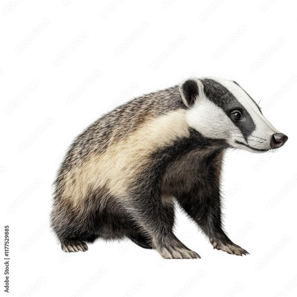 realistic illustration of a badger. showcasing its distinctive black and white facial markings and fur texture the animal is depicted in a side view. emphasizing its stout body and characteristic feat realistic illustration of a badger. showcasing its distinctive black and white facial markings and fur texture the animal is depicted in a side view. emphasizing its stout body and characteristic feat