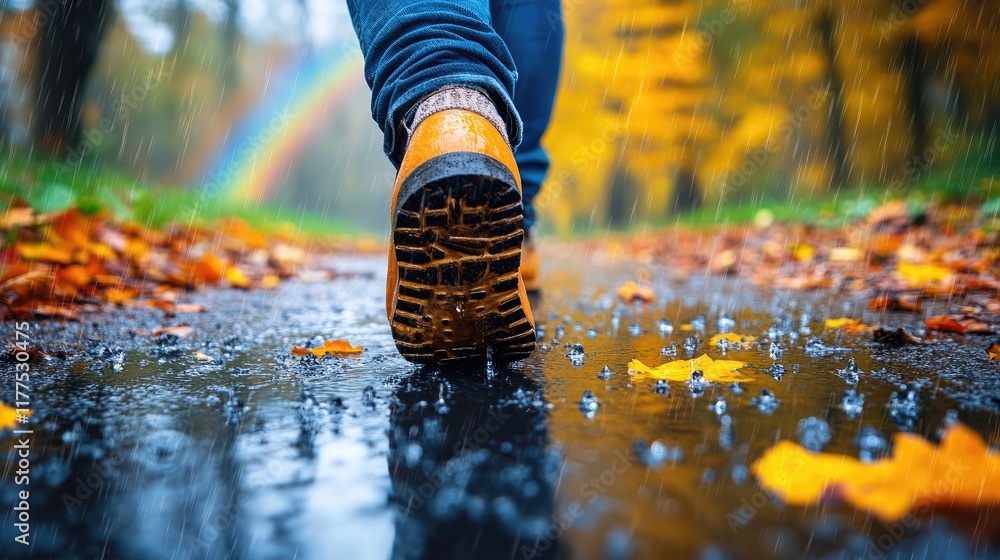 Autumn Rain Walk Boots and Fallen Leaves Autumn Rain Walk Boots and Fallen Leaves