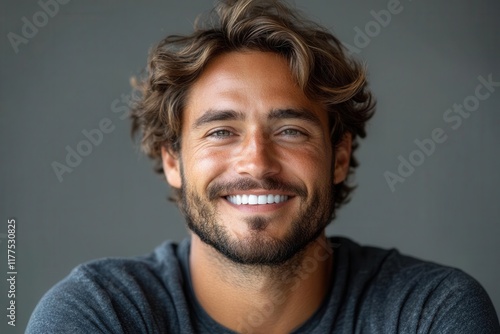 professional portrait of young man with confident smile showcasing perfect white teeth against modern grey studio background for dental care