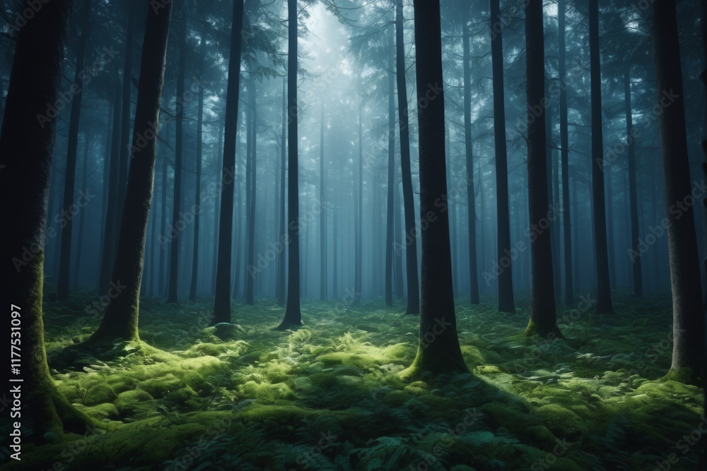 arafed forest with moss and trees in the fog arafed forest with moss and trees in the fog