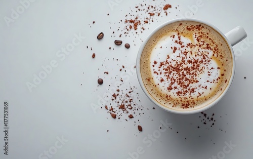 White mug of cappuccino with cocoa powder and coffee beans on white background. photo