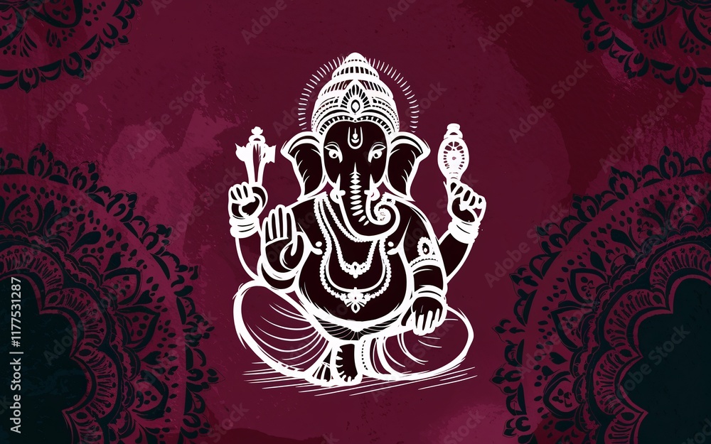 Fototapeta premium White Ganesha illustration on maroon background with mandala patterns.