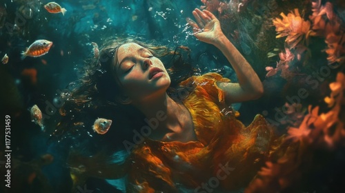 A fantasy depiction of a woman in the rain and water showcasing underwater beauty photo