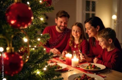 Family enjoying christmas dinner by the christmas tree