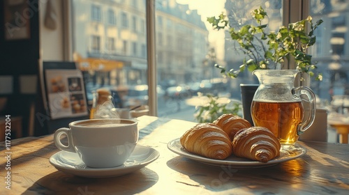 Sunny Morning Coffee Croissants Parisian Cafe Setting photo