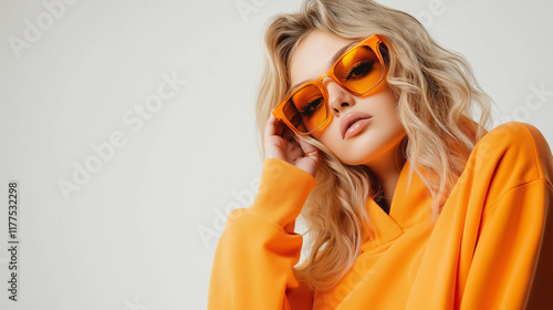 A striking fashion portrait of a young Caucasian woman in trendy orange sunglasses and hoodie, exuding confidence and modern style, embodying contemporary fashion trends and trends.