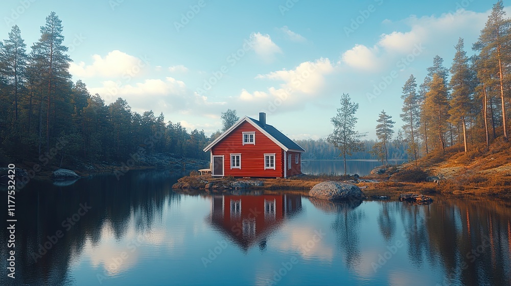 Fototapeta premium Red Cabin Lakeside Peaceful Forest Setting