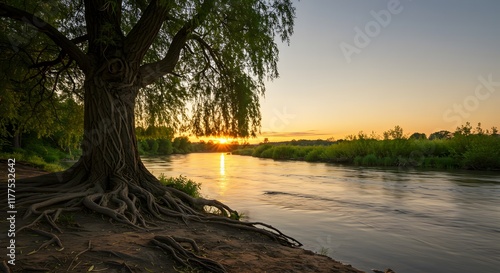 Tree with deep roots growing by flowing river under serene sky symbolizing Psalm 1 3 and blessings of living in Gods Word photo