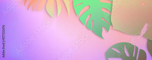 Tropical monstera leaves creating vibrant colorful summer background