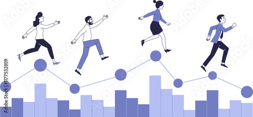 Joyful business people are running according to schedule. Financial activity concept.