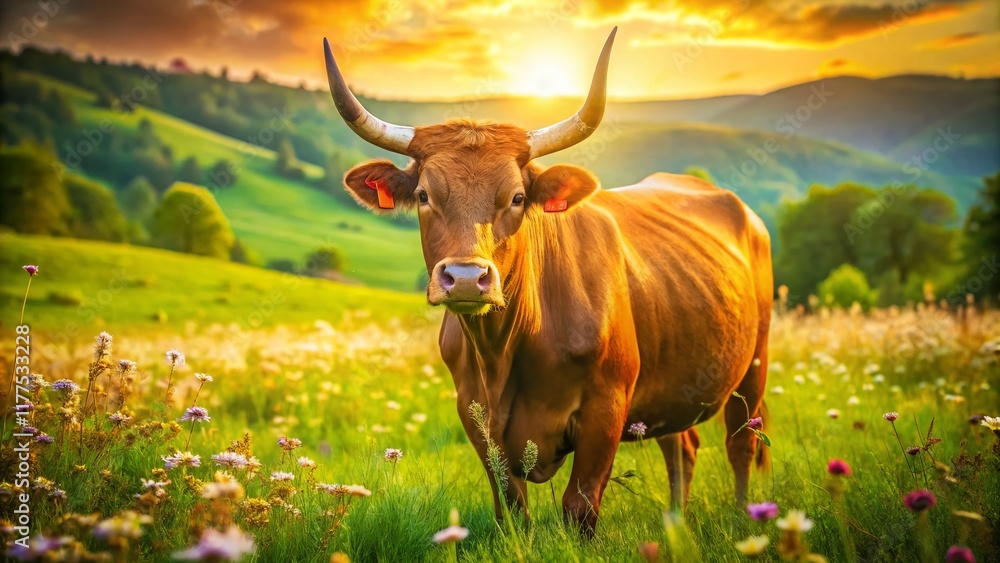 Majestic Brown Cow with Long Horns in Lush Green Pasture - Rural Farm Animal Stock Photo Majestic Brown Cow with Long Horns in Lush Green Pasture - Rural Farm Animal Stock Photo