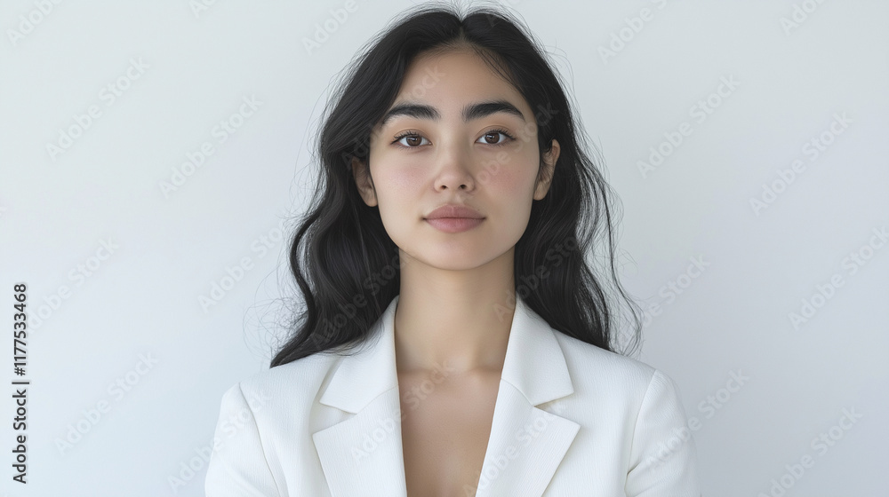 A fresh-faced young Asian woman stands in a minimalist outfit, exuding a sense of strength and confidence with her natural beauty against a clean, light background. A fresh-faced young Asian woman stands in a minimalist outfit, exuding a sense of strength and confidence with her natural beauty against a clean, light background.
