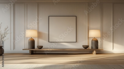 A minimalistic gallery wall featuring a large blank canvas centered on a smooth white wall, flanked by sleek modern lamps with soft ambient lighting