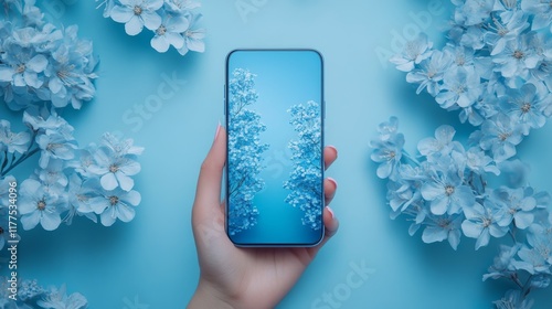 A soothing blue aesthetic featuring a mobile phone with a floral screen mirroring the surrounding pale blue blossoms a harmonious blend of technology and nature,s beauty photo