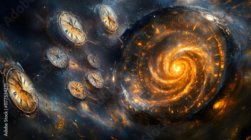 An abstract visual of clocks melting and intertwining with the shape of a galaxy, symbolizing the relativity of time across the vastness of space 