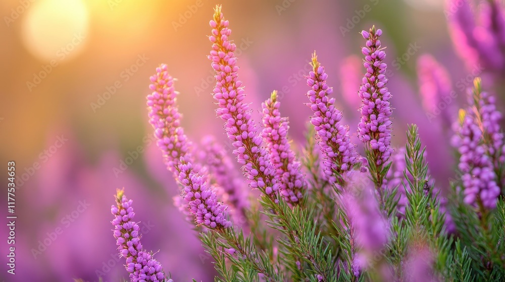 Fototapeta premium Pink Heather Flowers Blooming In Sunlight
