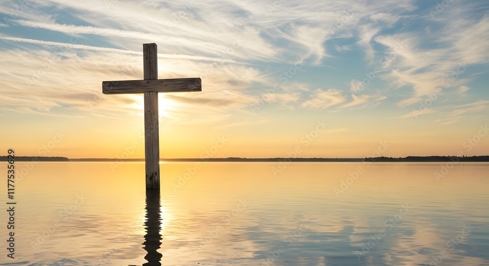 Wooden cross reflected in calm lake under serene sky with sunlight during sunset breaking through clouds symbolizing peace and salvation
Wooden cross reflected in calm lake under serene sky with sunlight during sunset breaking through clouds symbolizing peace and salvation