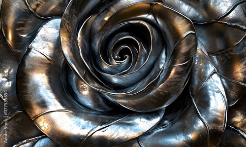 Close-up of a metallic rose with a spiral center.