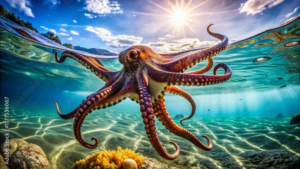 Obraz premium Majestic Giant Pacific Octopus Underwater Scene - Stock Photo