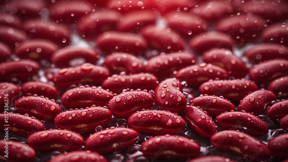 Close-Up of Fresh Red Kidney Beans with Water Droplets Close-Up of Fresh Red Kidney Beans with Water Droplets