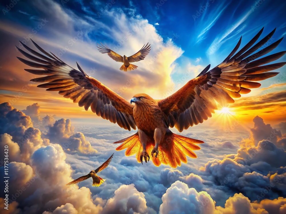 Obraz premium Majestic Golden Eagle and Red Kite Soaring Above Clouds - Surreal Aerial View