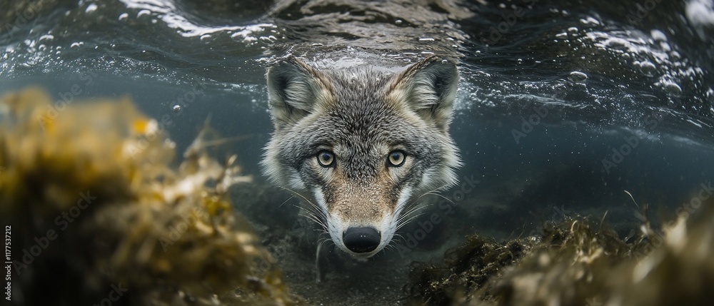 Obraz premium Underwater Coyote Portrait, Seaweed Background, Wildlife Photo, Nature Scene, Possible use Nature Photography, Educational Material