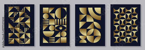 Set of gold and black geometric vector pattern posters with 20s geometric design. Trendy bauhaus pattern background for cover design, poster and interior. Retro illustration.