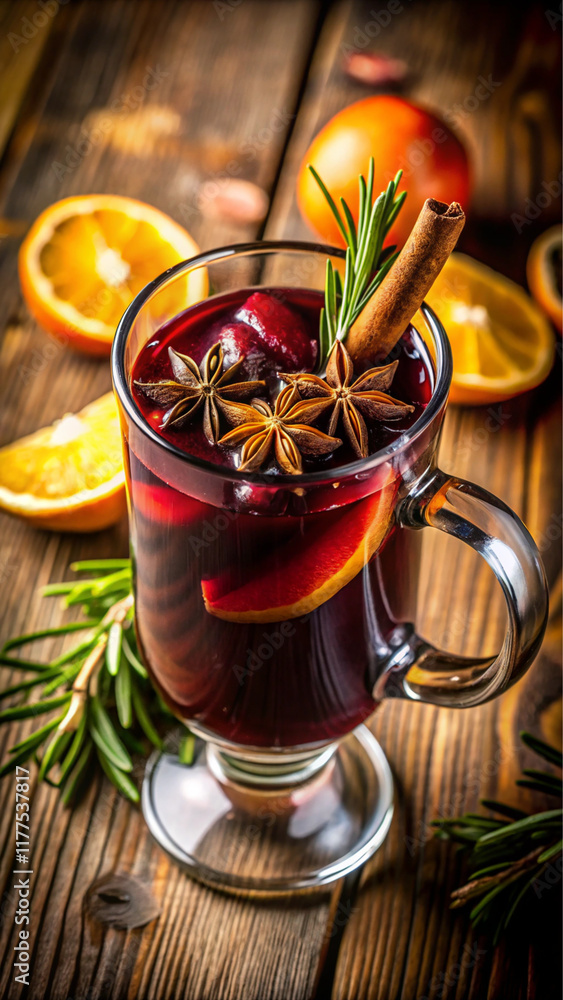 Mulled wine with spices and fruit garnishes in a glass on a wooden table Mulled wine with spices and fruit garnishes in a glass on a wooden table