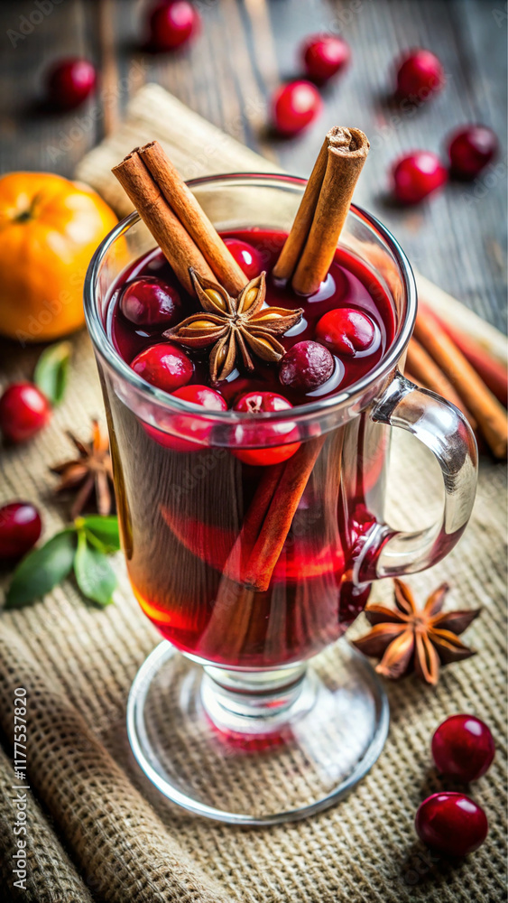 Mulled wine with cranberries and spices in a glass on a rustic table Mulled wine with cranberries and spices in a glass on a rustic table