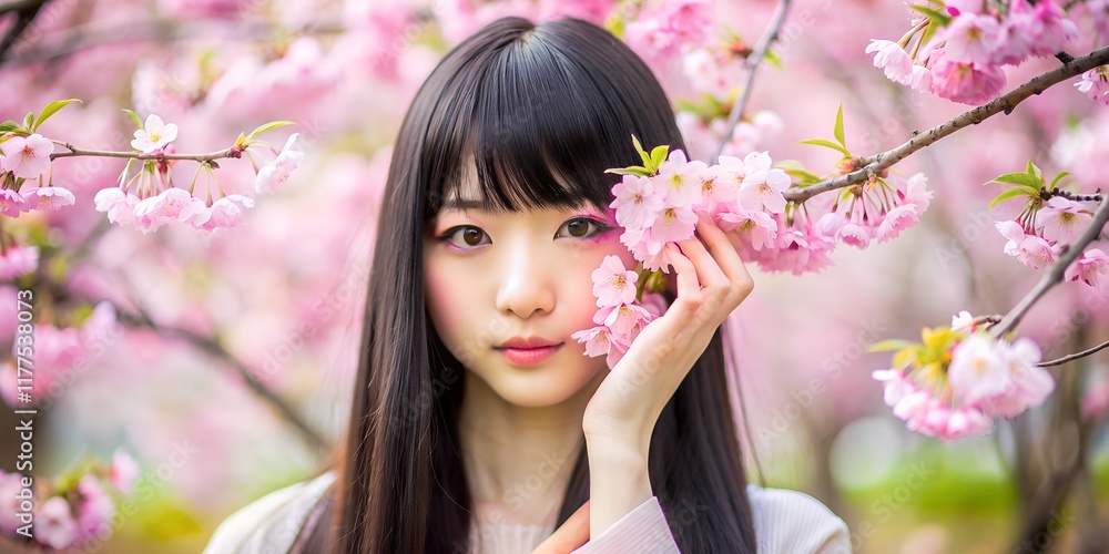 Girl poses gracefully amidst blooming cherry blossoms in springtime, showcasing the beauty of nature and delicate flowers in a serene outdoor setting Girl poses gracefully amidst blooming cherry blossoms in springtime, showcasing the beauty of nature and delicate flowers in a serene outdoor setting