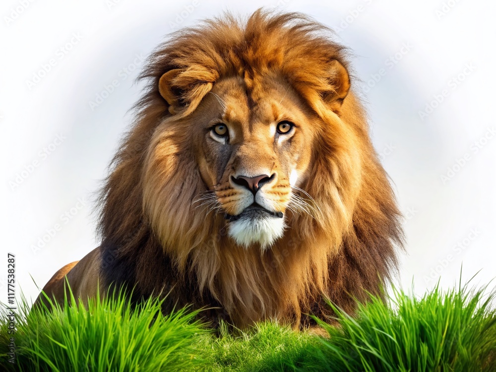 Obraz premium Majestic Lion Grazes Serengeti Grassland - Isolated Wildlife Stock Photo