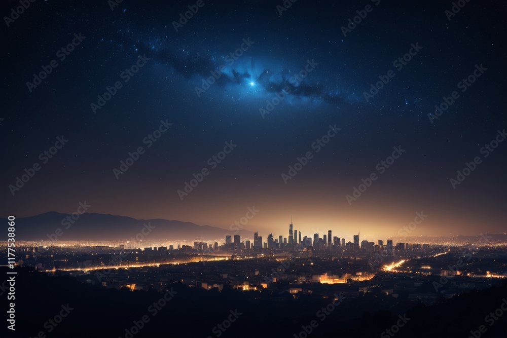 night time view of a city with a bright light in the sky night time view of a city with a bright light in the sky
