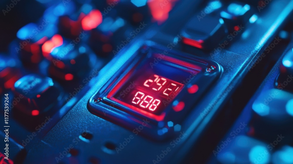 Obraz premium Red digital display presenting numerical data on an electronic device within an industrial control panel, illuminated by blue and red lights in a technological environment