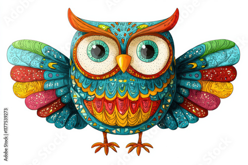 colorful hand drawn owl with intricate patterns and wide open wings photo