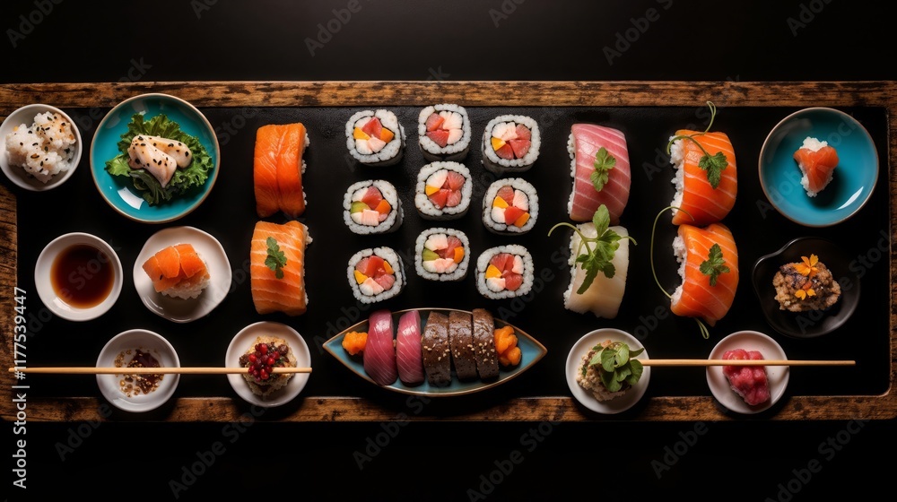 Variety of sushi rolls arranged on a wooden board with sauces and garnishes.Sushi platter, Japanese cuisine, restaurant presentation, food styling, fine dining, culinary artistry, catering display, me Variety of sushi rolls arranged on a wooden board with sauces and garnishes.Sushi platter, Japanese cuisine, restaurant presentation, food styling, fine dining, culinary artistry, catering display, me