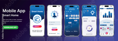A sleek smart home application interface template featuring modern icons and a gradient design. Includes navigation menus for managing devices, monitoring security, controlling temperature