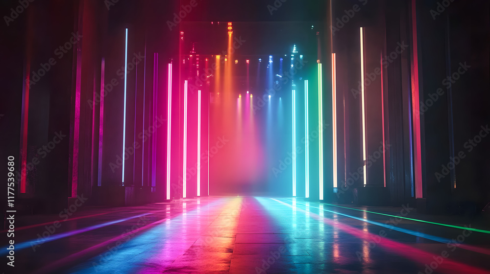 Vibrant Scene with Colorful Neon Lights Illuminating a Dark Space Creating a Futuristic Atmosphere for Events or Productions Vibrant Scene with Colorful Neon Lights Illuminating a Dark Space Creating a Futuristic Atmosphere for Events or Productions