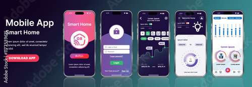 A sleek smart home application interface template featuring modern icons and a gradient design. Includes navigation menus for managing devices, monitoring security, controlling temperature