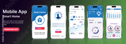 A sleek smart home application interface template featuring modern icons and a gradient design. Includes navigation menus for managing devices, monitoring security, controlling temperature