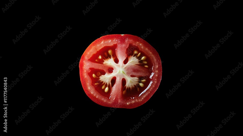 Close-up of a perfectly sliced red tomato against a black background, showcasing its juicy interior and seeds. Close-up of a perfectly sliced red tomato against a black background, showcasing its juicy interior and seeds.