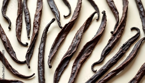 Elegant digital rendering of scattered vanilla pods in artistic arrangement