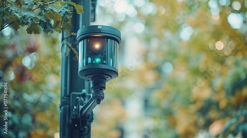 High-angle shot of a modern surveillance street camera mounted on a light pole