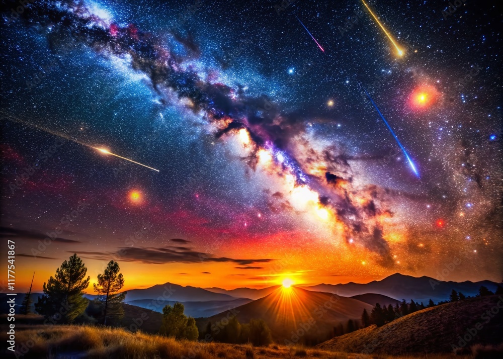 Fototapeta premium Majestic Night Sky: Galactic Flare, Comet, and Constellation Landscape