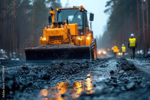 skilled road construction crew operating heavy machinery and power tools during major highway repair project with safety equipment and traffic control photo