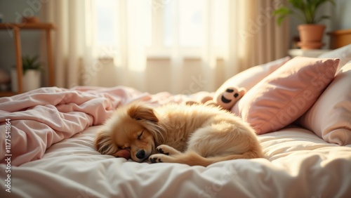 A peaceful pet sleeping on a cozy bed with soft blankets and sunlight streaming through sheer curtains. A plush toy nearby completes this warm, tranquil, and heartwarming bedroom scene. photo