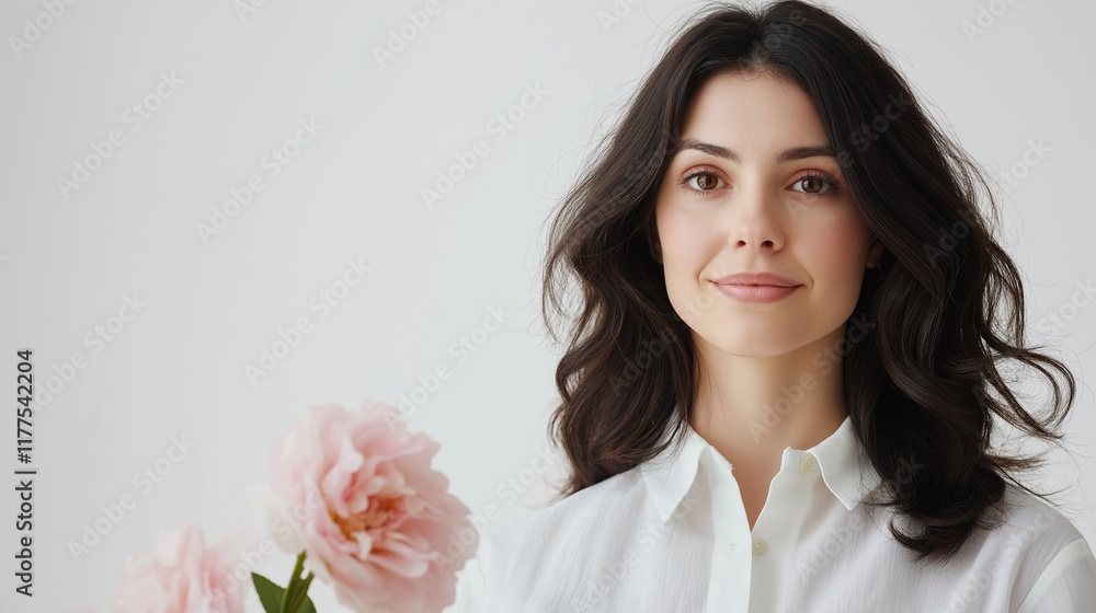 Young woman holding pink flowers, soft white background. Young woman holding pink flowers, soft white background.