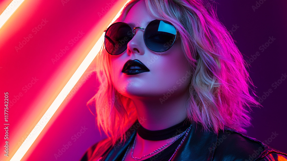 A blonde woman with black lipstick and sunglasses poses in front of neon lights. A blonde woman with black lipstick and sunglasses poses in front of neon lights.