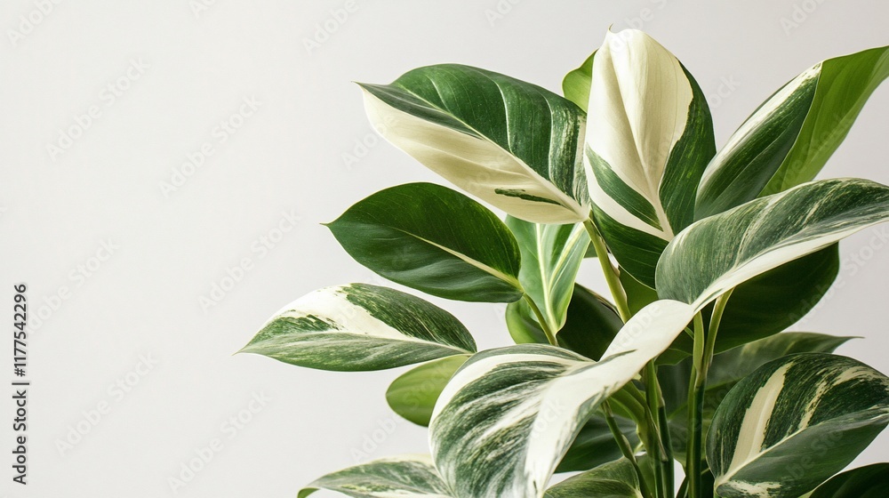 Fototapeta premium Variegated plant leaves, indoor shot, neutral background, close-up