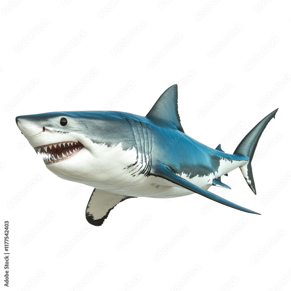 Obraz premium realistic depiction of a great white shark swimming gracefully against a white background the shark is shown in a dynamic pose. showcasing its powerful body and sharp teeth. emphasizing its role as a