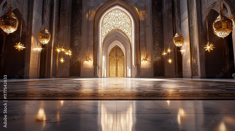 Obraz premium Elegant interior of a grand hall with ornate lighting and arches.